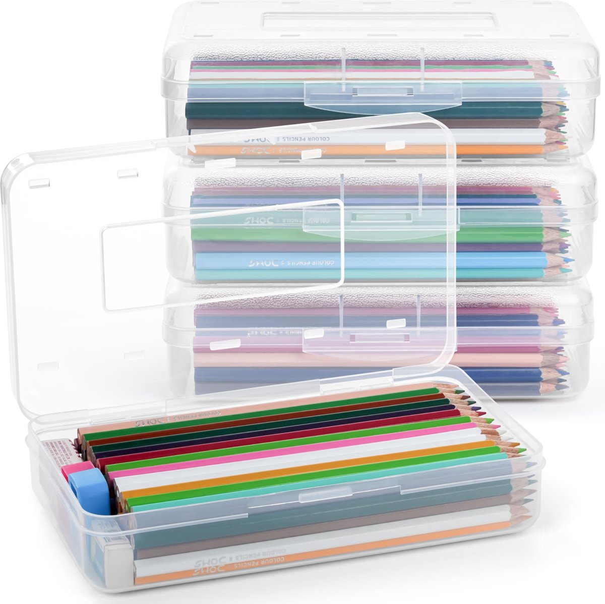 SnelShoppen - Winter Shore Plastic Grote Capaciteit Poloden Dozen (4 Pak) - Harde Potloden & Krijtjes Bakken met Klik Deksels - Stapelbare School & Ka