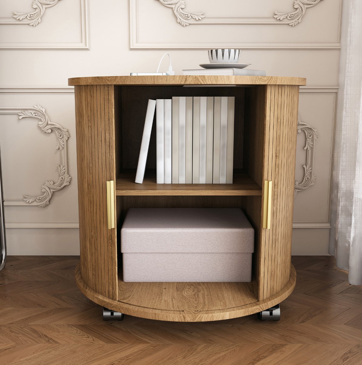 REDOM- Bedtafel / Bijzettafel - Rond - Schuifdeur met opbergruimte - Oplaadstation met 1 AC-stopcontact en 2 USB-poorten - MDF - Eikenlook - 60 x 60 x 60 cm