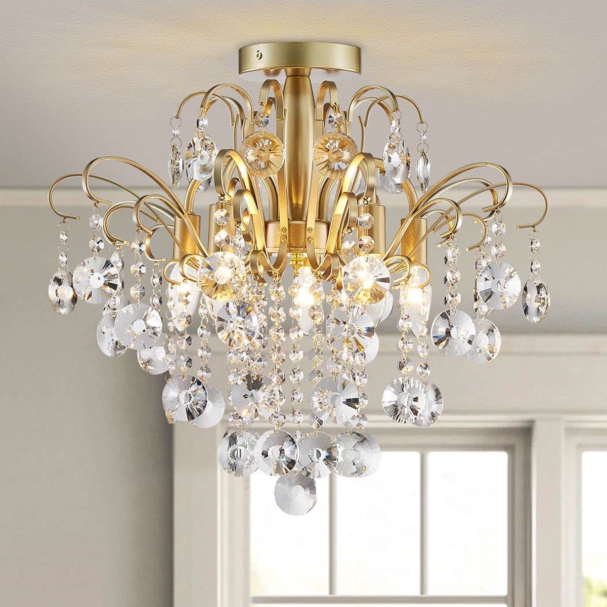 Dailygoods- Kroonluchter Kristallen - Gouden Armen - Modern Design - E14 Fitting - H 44 x B 49 cm - Eenvoudige Installatie - Plafondlamp