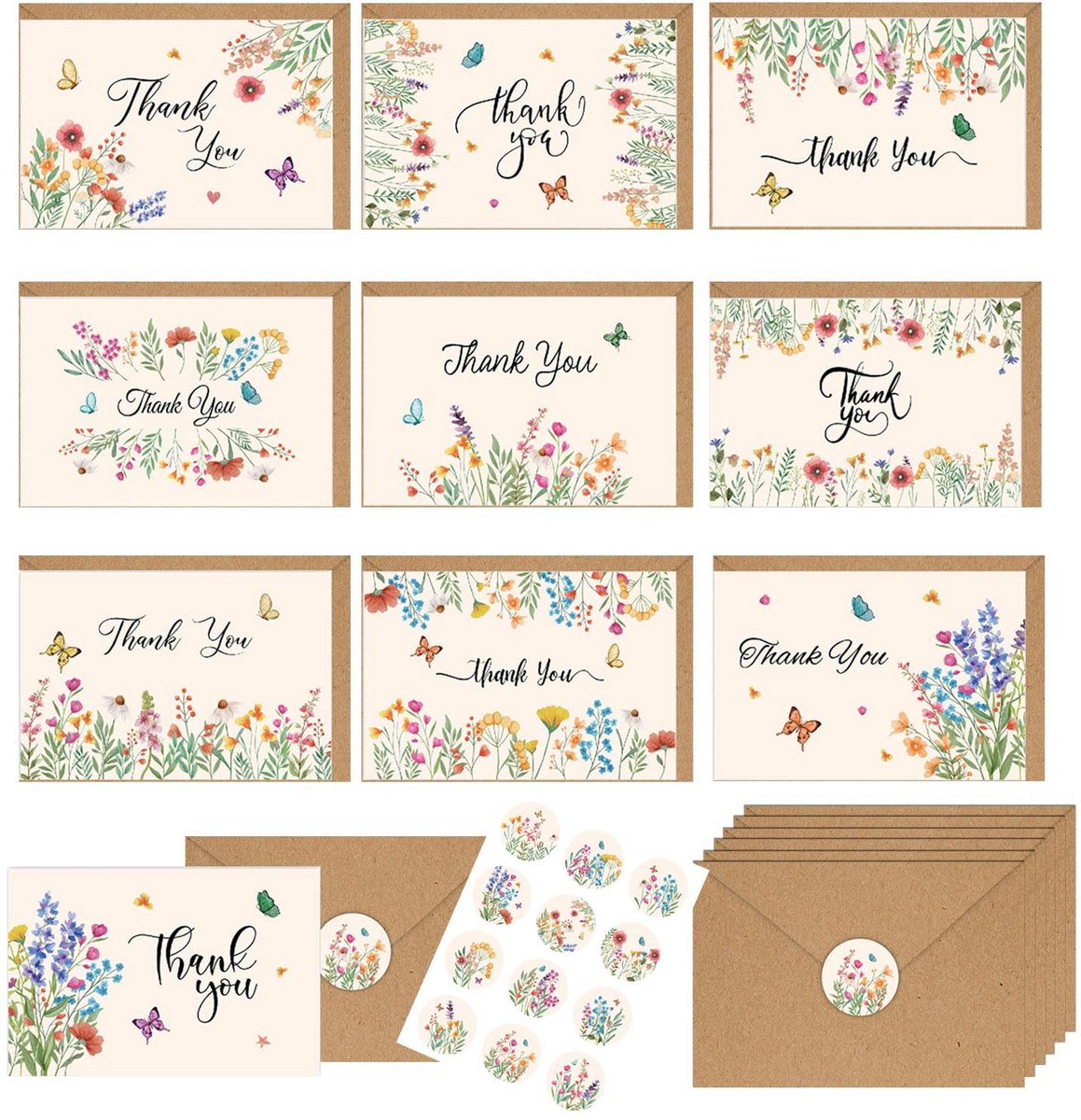Dailygoods - 12 Stuks Bloemen Wenskaarten met Bruine Enveloppen en Ronde Stickers - Bedankkaarten
