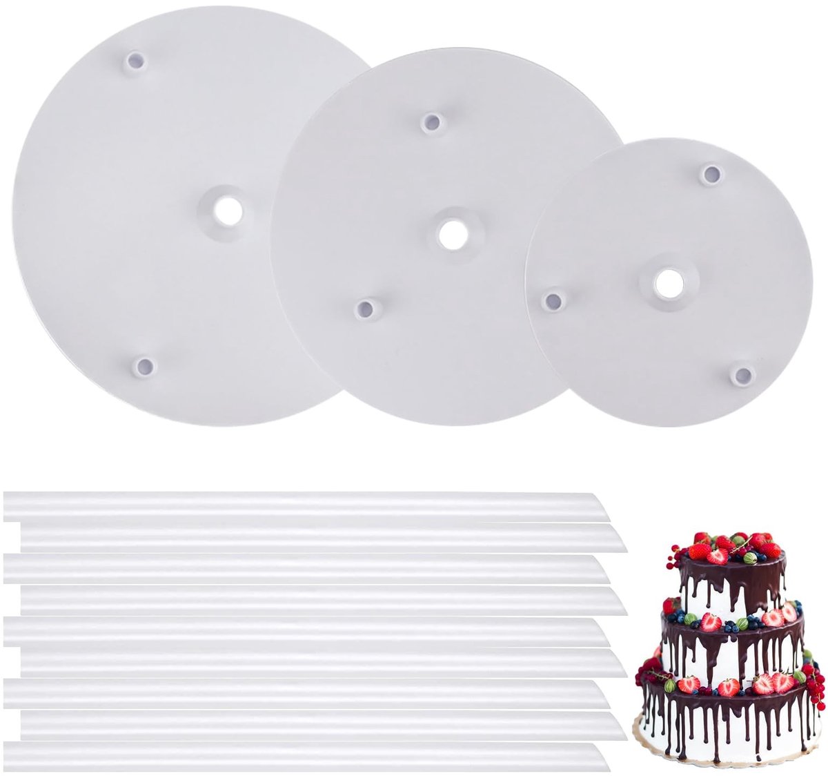 Dailygoods- Taartdeuvels 12 stuks - Taartplanken 3 stuks - Taartstandaards 3 niveaus - Ondersteuning voor gelaagde taarten - Bruiloft/Verjaardagsfeestje - Plastic materiaal - Taartstaven