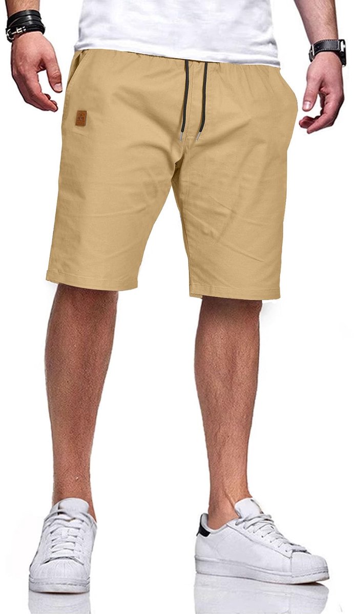 SnelShoppen - Korte broek heren, katoenen shorts met elastische taille en trekkoord, Kaki XL, perfect voor zomer, vakantie, sport en casual gebruik