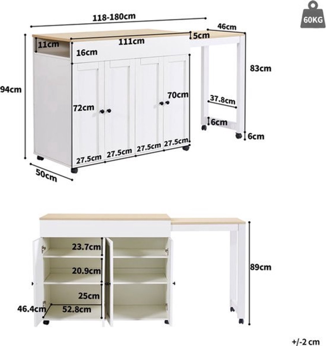 Uittrekbare Bar-/Eettafel – Uitschuiftafel – Keukentafel – Statafel – Werktafel – Met 6 Op