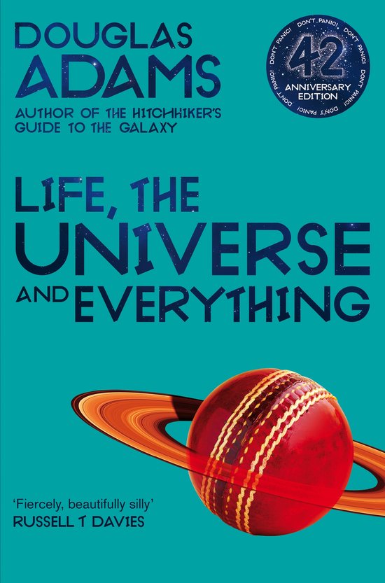 Couverture du livre 'Life, the Universe and Everything' par Douglas Adams, représentant une balle de cricket rouge avec des anneaux de type Saturne.