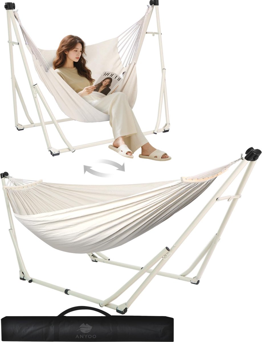 SnelShoppen - 2-in-1 Hangmat Schommelstoel met Inklapbare Stalen Standaard - Draagbaar en Verstelbaar - Ideaal voor Buiten, Binnen, Veranda, Tuin en K