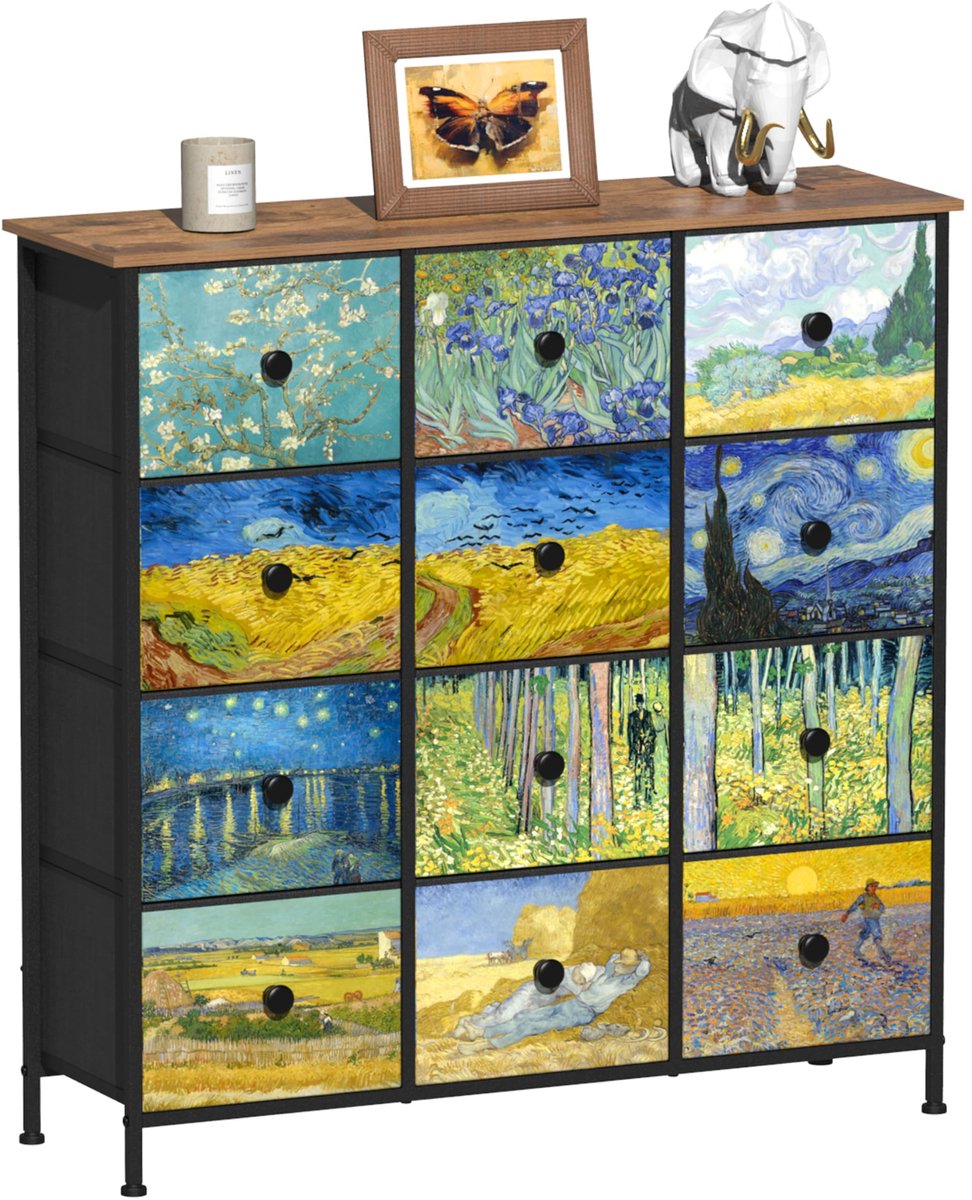 SnelShoppen - Commode voor slaapkamer, 12-laden opbergtoren van stof, metalen frame, houten platen, ideaal voor woonkamer, kinderkamer, hal en kantoor