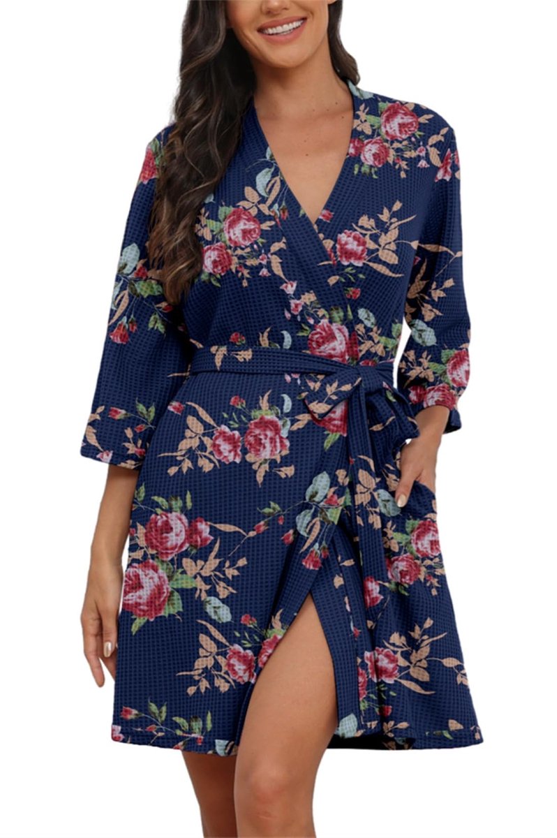 SnelShoppen - Dames Wafel Ochtendjas met 3/4-Mouwen, Korte Badjas, Lichtgewicht Casual Kimono Gewaad, Maat L, Perfect voor Thuis, Wellness en Ontspann