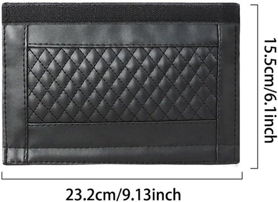 Technische tekening met afmetingen van 23,2 cm bij 15,5 cm voor de zwarte, doorgestikte gordelhoes.