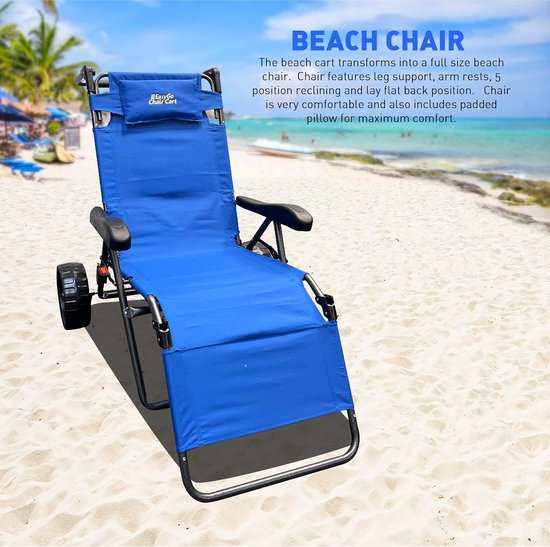 Strandkar Stoel - Strandwagen Opvouwbaar - Strandtransport en Ontspanning - 2-in-1 Functie - Grote Wielen - Blauw — afbeelding 3