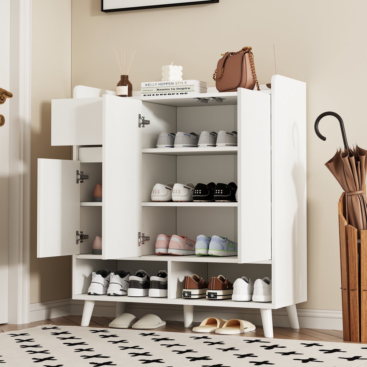 Schoenenkast - met verstelbare planken, massief houten poten & minimalistisch design - 90x99x35 cm - Wit