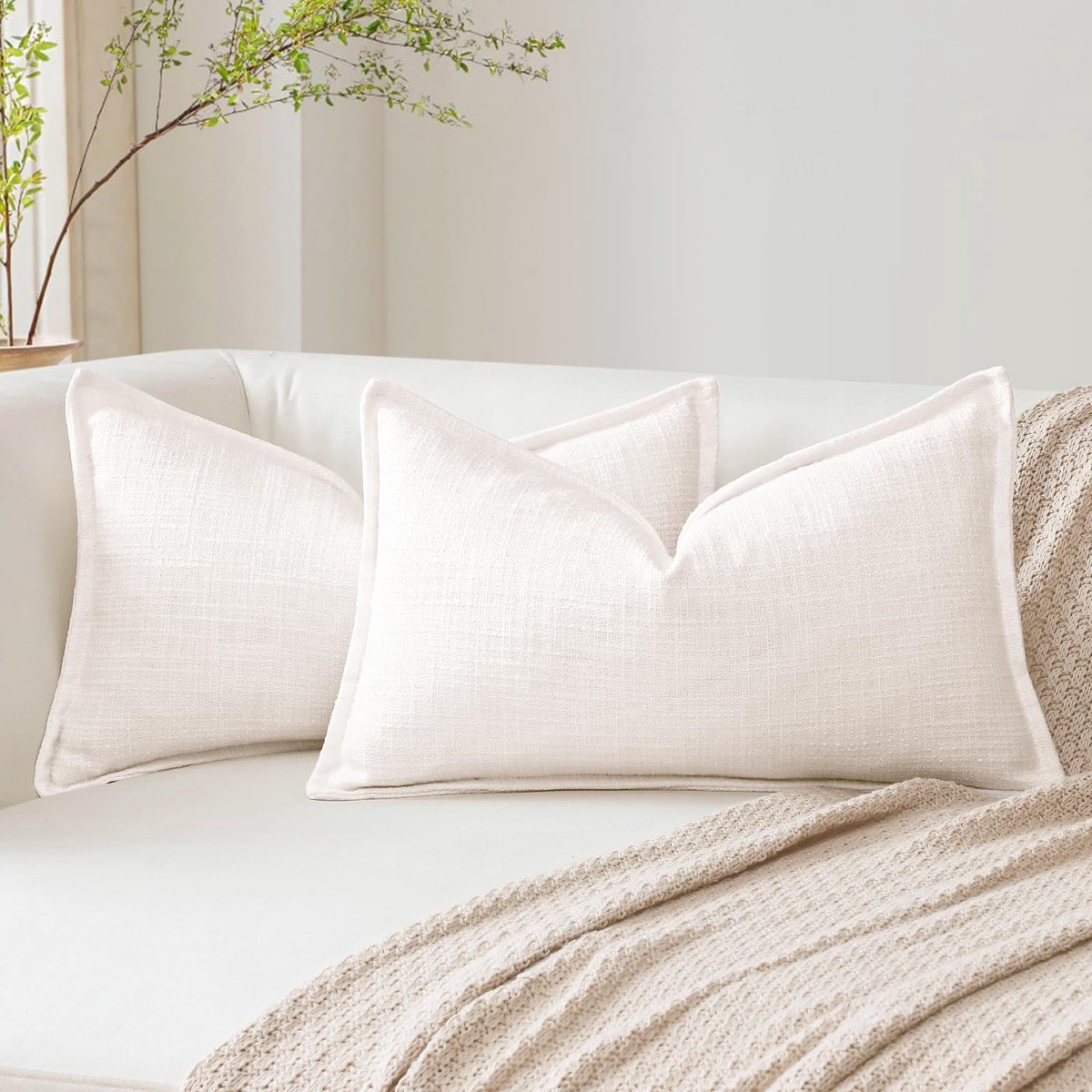 SnelShoppen - Set van 2 Crèmekleurige Decoratieve Kussenhoezen 30 x 50 cm - Zachte Linnen Textuur - Elegante Sierkussens voor Bank en Slaapkamer - Woo