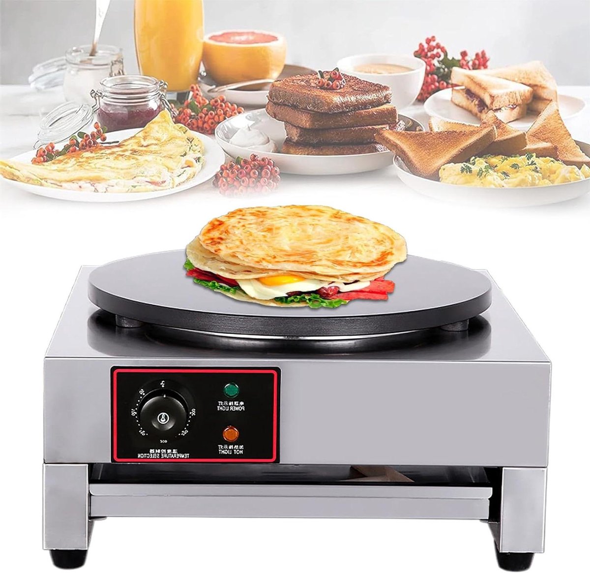 Crêpemaker Bakplaat - Pannenkoekenmaker Tortillapan - Ontbijt Maken - Antiaanbaklaag Gelijkmatige Verwarming - 40 cm - Zilver