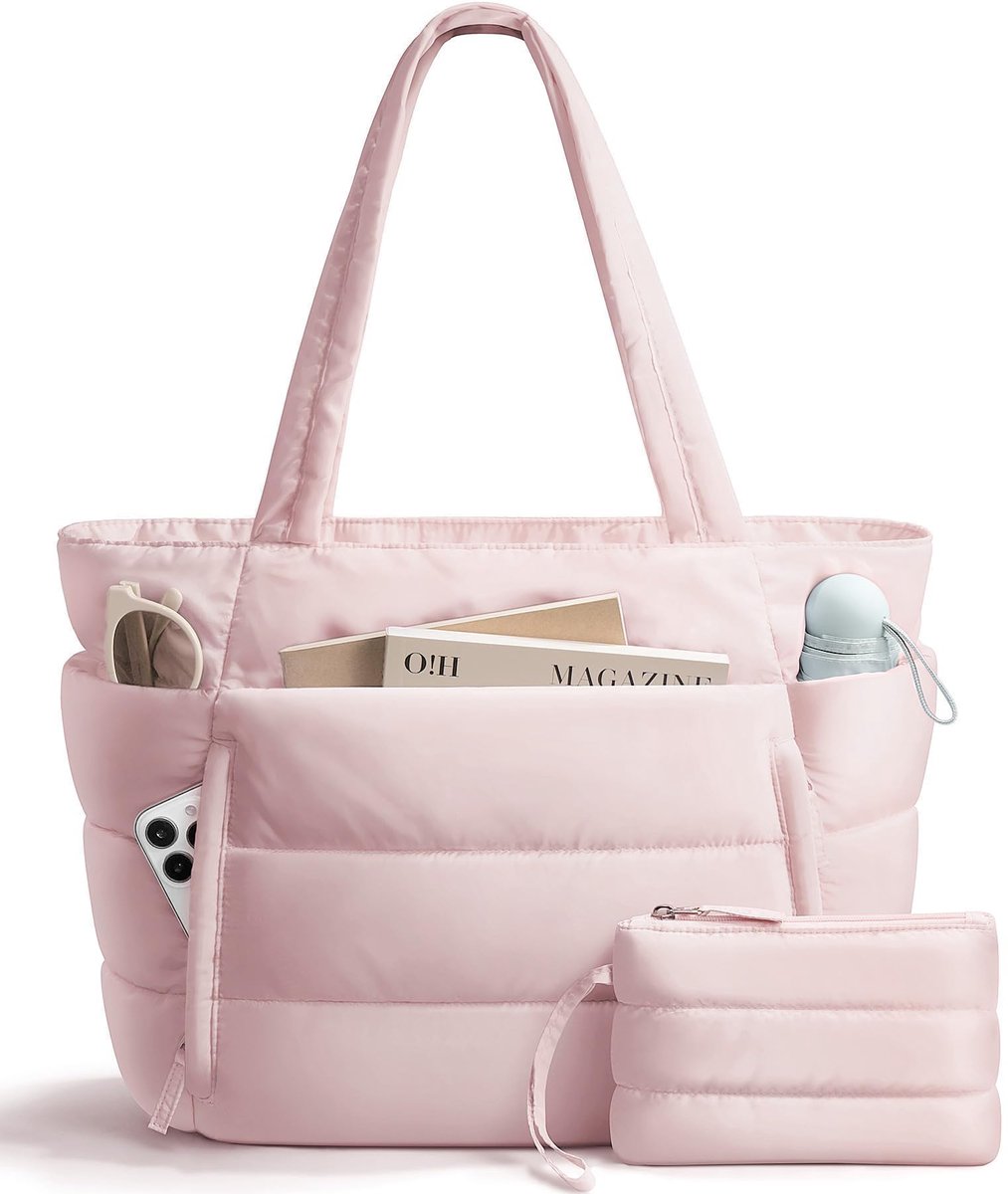 Puffer Tote Bag voor Dames - Lichtgewicht Donzige Schouderhandtas - Met Afneembaar Klein Tasje & Handig Laptopvak - Incl. Trolley Sleeve voor Reizen - Voor Kantoor, Woon-werkverkeer & Dagelijks Gebruik - Roze