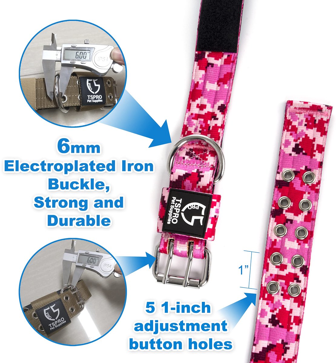 SnelShoppen - Brede Verstelbare Hondenhalsband voor Grote Honden met Metalen Gesp, Camo Roze, L-XL, Zware Kwaliteit, Verwijderbare Patches voor Avontu