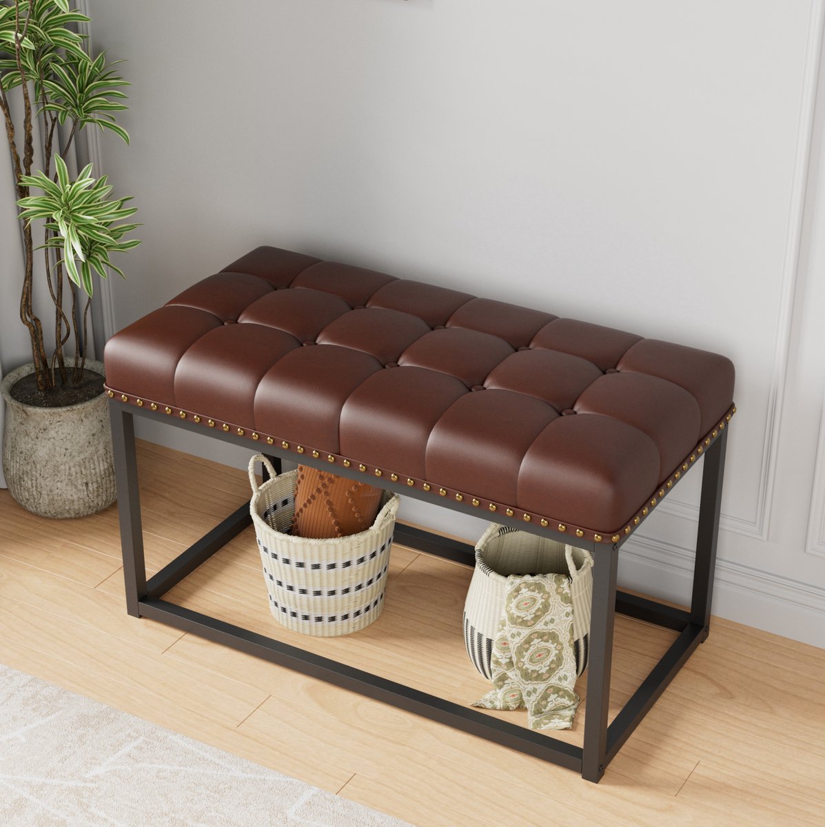 HAUSS SPOLE Bankje – Vintage Gecapitonneerde Zitting – 90 x 46 x 52 cm – Kunstleer En Metaal – Zwart Bruin – Voor Hal Slaapkamer Of Eethoek