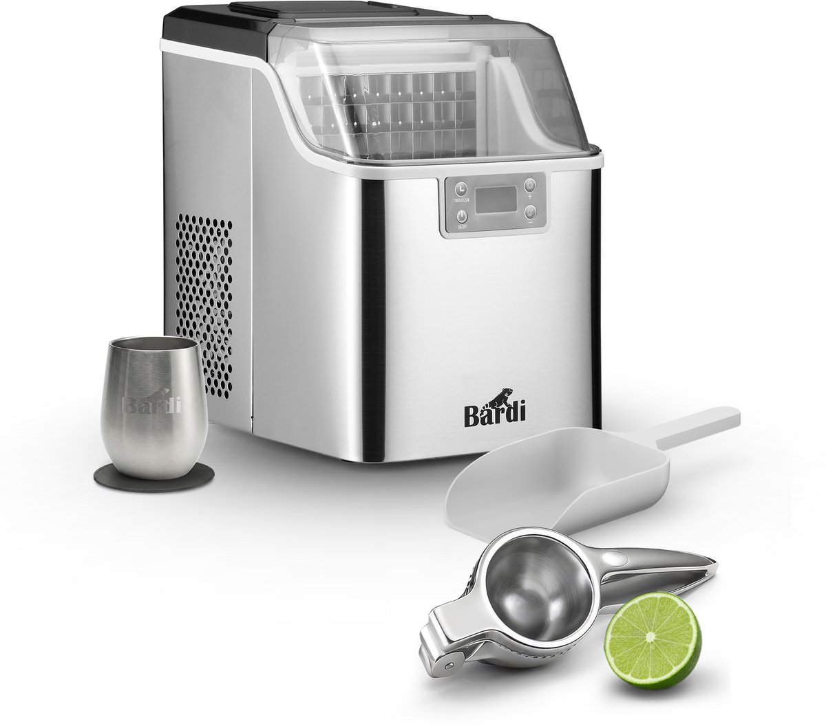 Bardi 3,2L Deluxe IJsblokjesmachine - Vierkante IJsblokmaker - LCD Display - 20Kg/24 uur. inclusief Thermosbeker en IJsschep- RVS met citruspers RVS