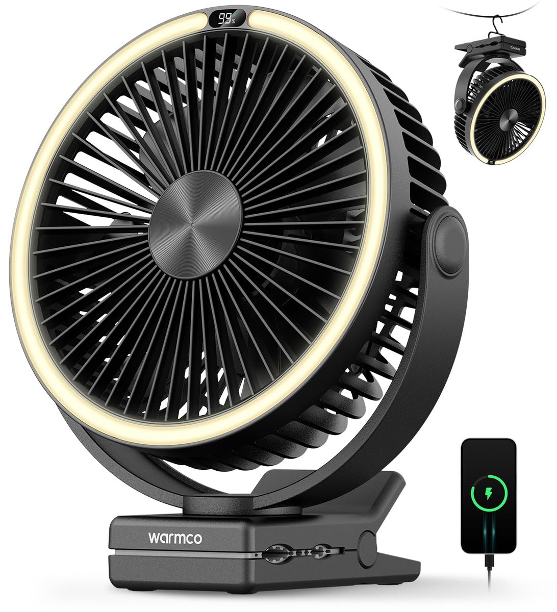 SnelShoppen - Oplaadbare Draagbare Ventilator met Clip, 15000 mAh, 20,3 cm, Batterij, LED-Lantaarn, Haak, 360° Rotatie, 4 Snelheden, Sterke Luchtstroo