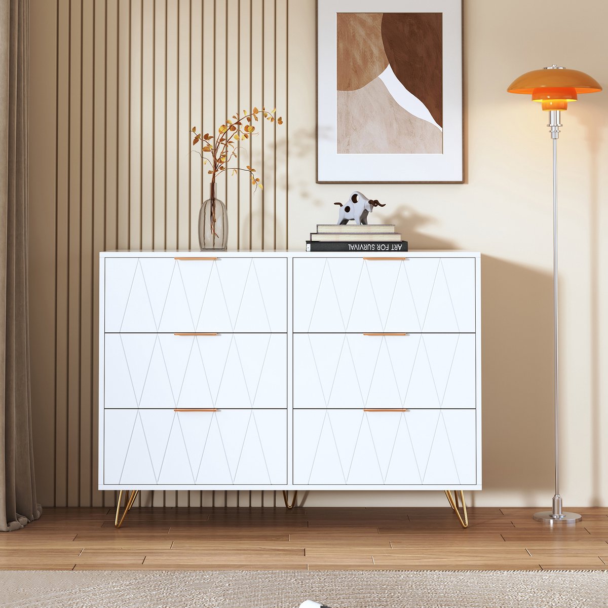 Ladekast 100x34x72,5 cm met 6 lades, dressoir en opbergkast met reliëf fronten, moderne kast voor woonkamer en eetkamer, spaanplaat wit