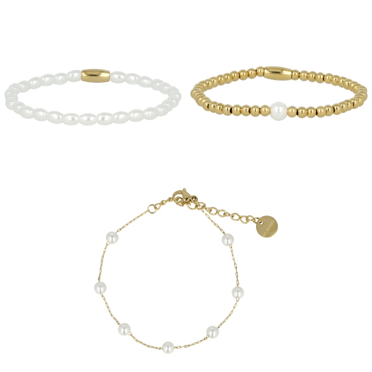My Bendel - Armbanden Set - Goudkleurig met Witte Parels - met Luxe Cadeauverpakking | Sieraden Voor Dames | One-size