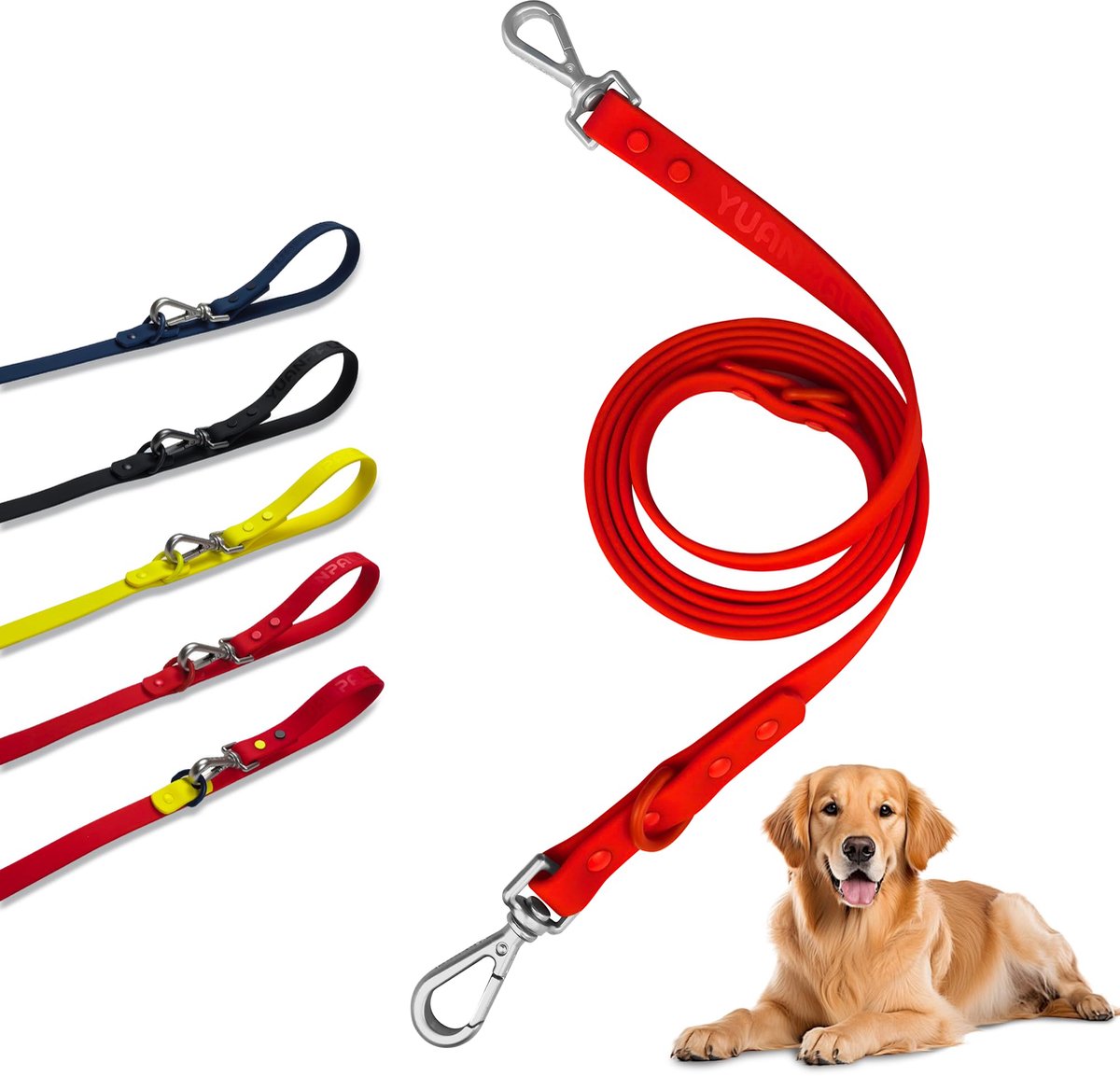 SnelShoppen - Waterdichte hondenriem met dubbele karabijnhaken, PVC gecoate nylon riem voor 2 pups, L-rood, gemakkelijk schoon te maken, ideaal voor w