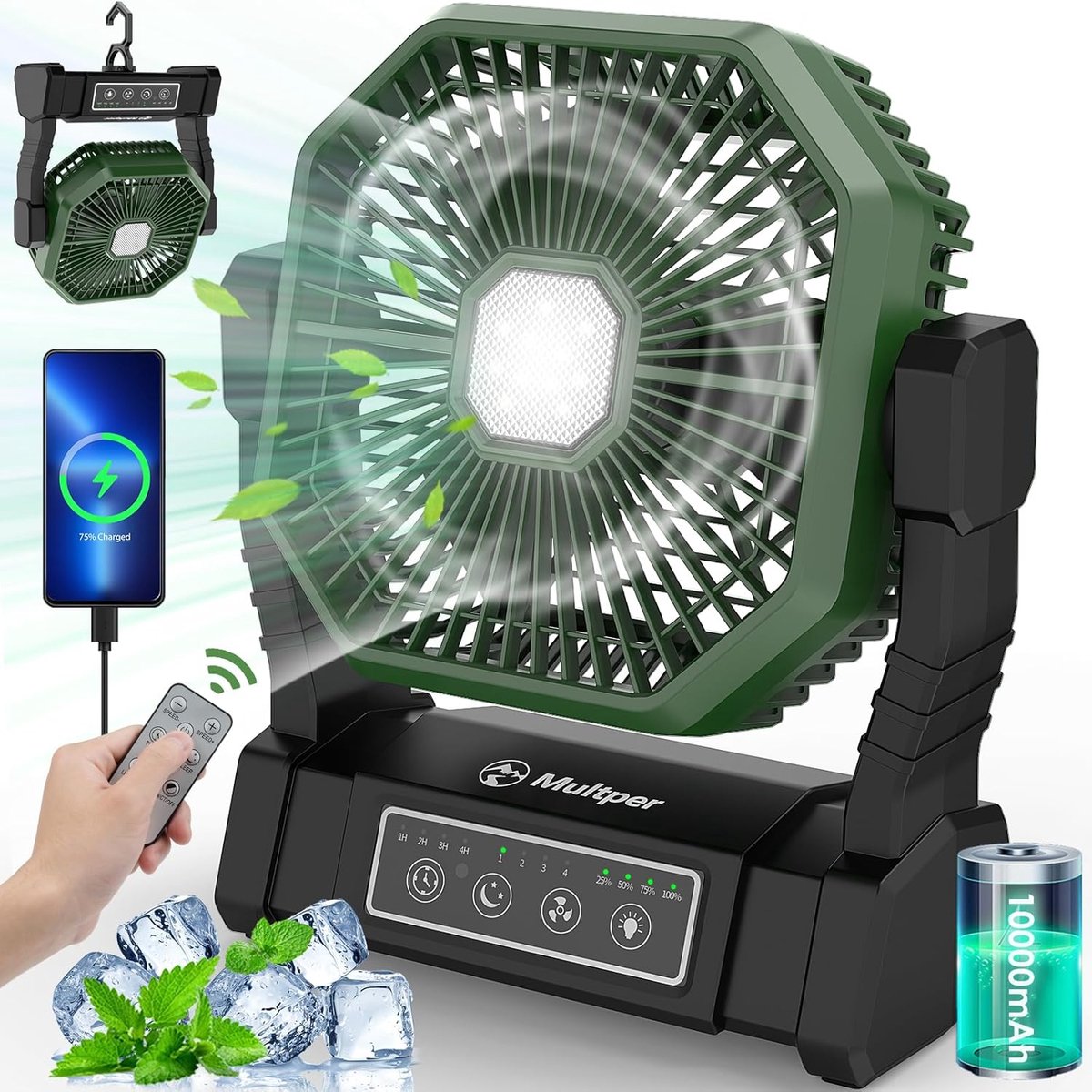 SnelShoppen - Campingventilator met LED-lantaarn, oplaadbare en draagbare buitententventilator met afstandsbediening, 4 snelheden, krachtige koeling,