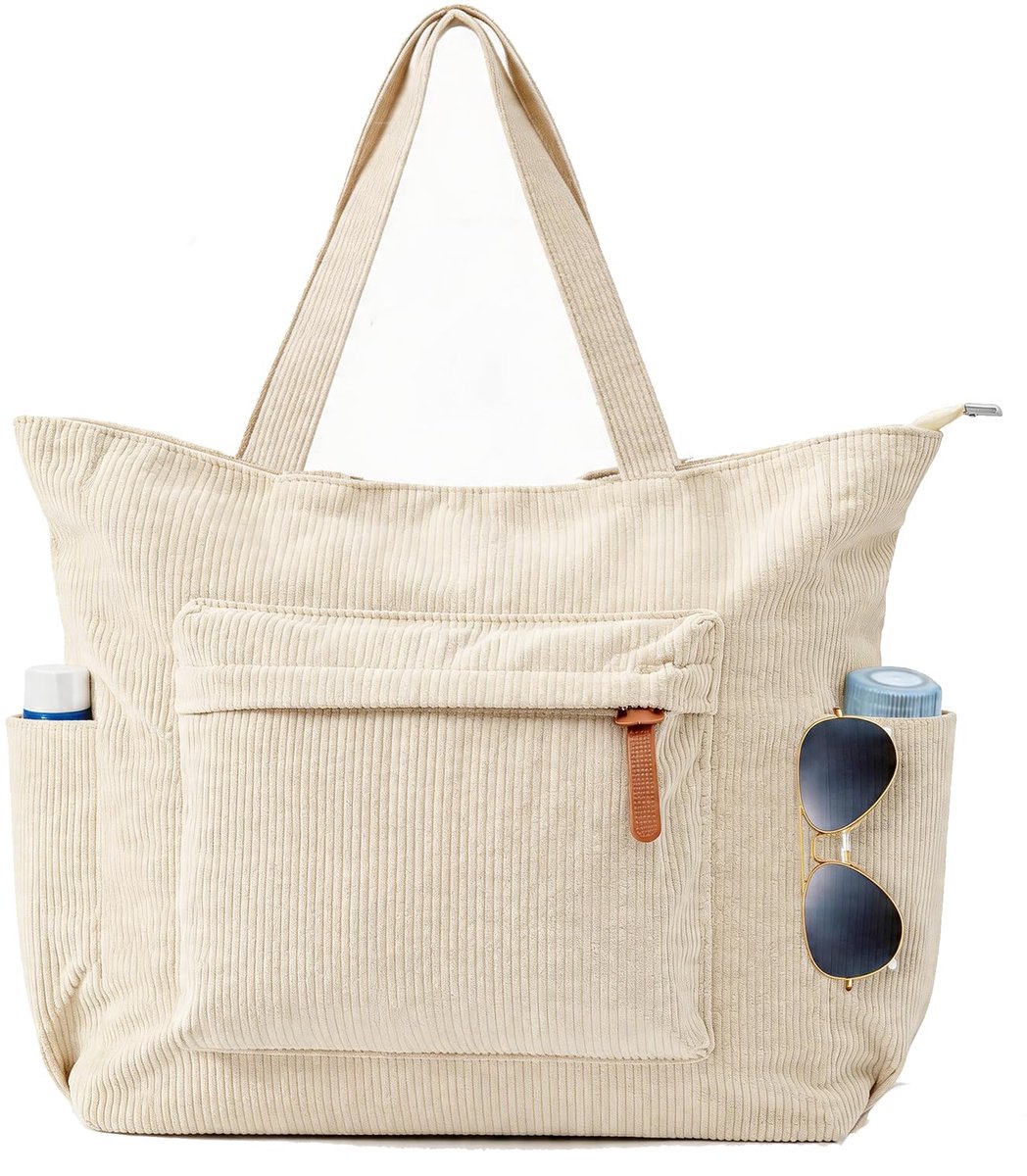 SnelShoppen - Tobriavor Corduroy Tas Dames Groot Formaat Handtas Tote Bag Strandtas Shopper Laptoptas Schoudertas Wit 42x11x33cm Ideaal voor Werk Scho