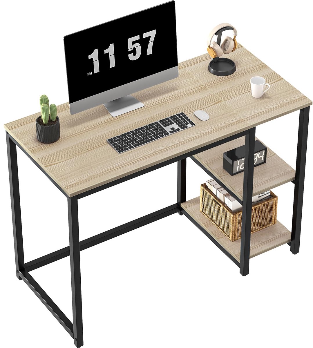 SnelShoppen - WOHOMO Computerbureau 100 cm met 2 niveaus, stevig thuiskantoor bureau met grote opslagruimte, modern gaming- en studietafel, eiken lapt