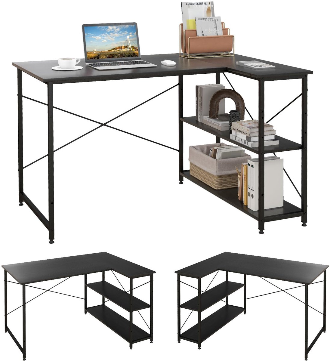 SnelShoppen - L-vormig Hoekbureau 120x88 cm, Computertafel met Plank Rechts of Links, Ideaal voor Kleine Ruimtes en Thuiskantoor, Zwart met Opbergvakk