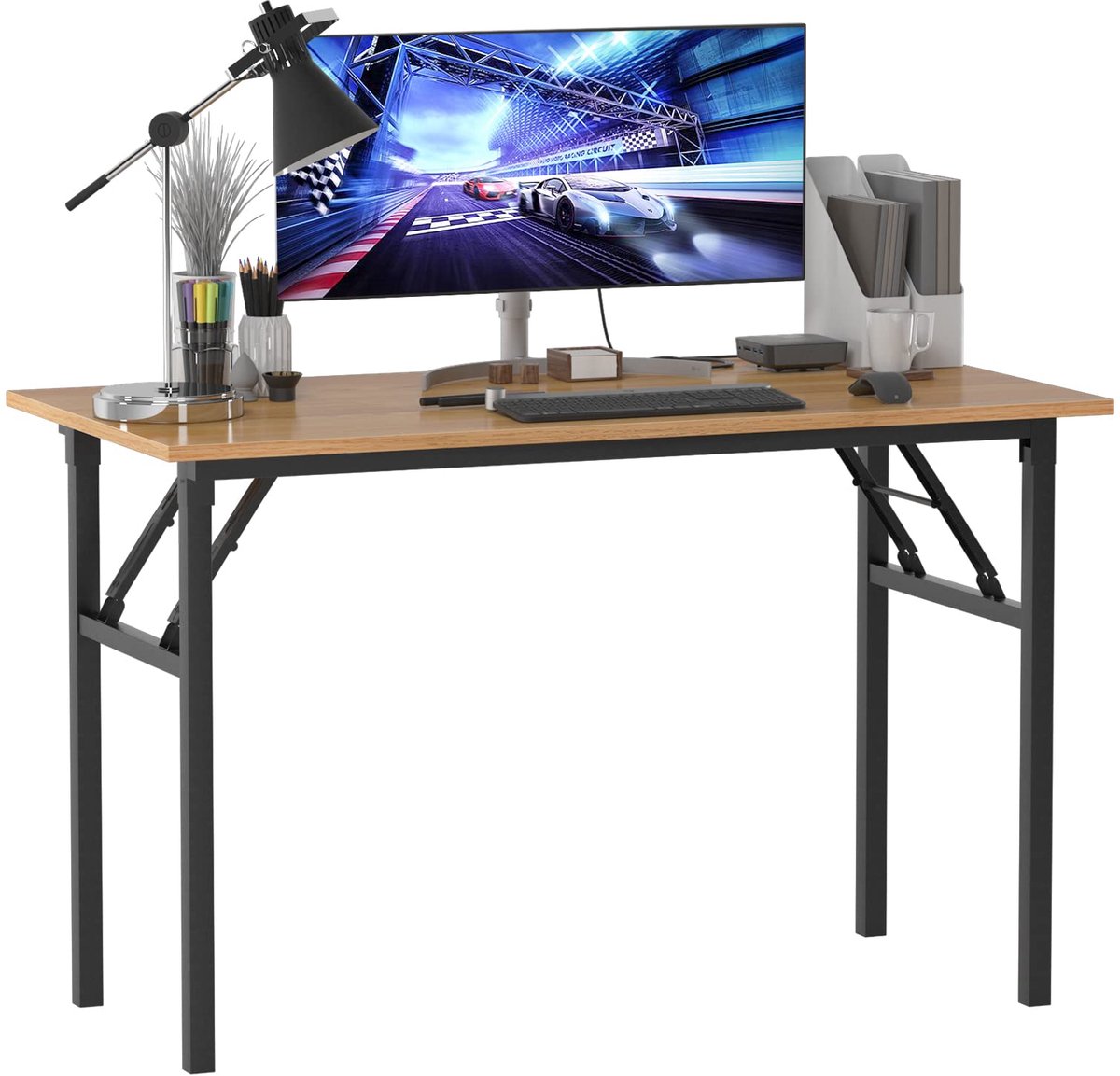 SnelShoppen - Inklaptafel 120x60 cm, multifunctionele computertafel, bureau, eettafel, vergadertafel, teak en zwart, ideaal voor thuis en op kantoor