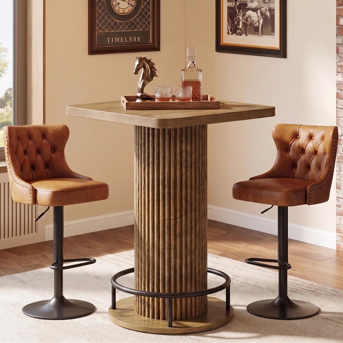 Tribesigns Bartafel - 70 x 70 x 100 cm - Keukentafel - Eettafel met Ergonomische Metalen Voetsteun en Afgeronde Hoeken - Bruin
