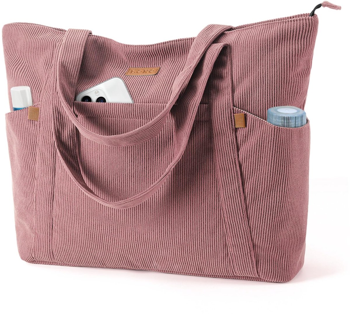 SnelShoppen - Grote tote bag strandtas voor dames, elegante schoudertas met 17 inch laptopvak, multifunctionele shoppertas, roze kleine tas voor werk,
