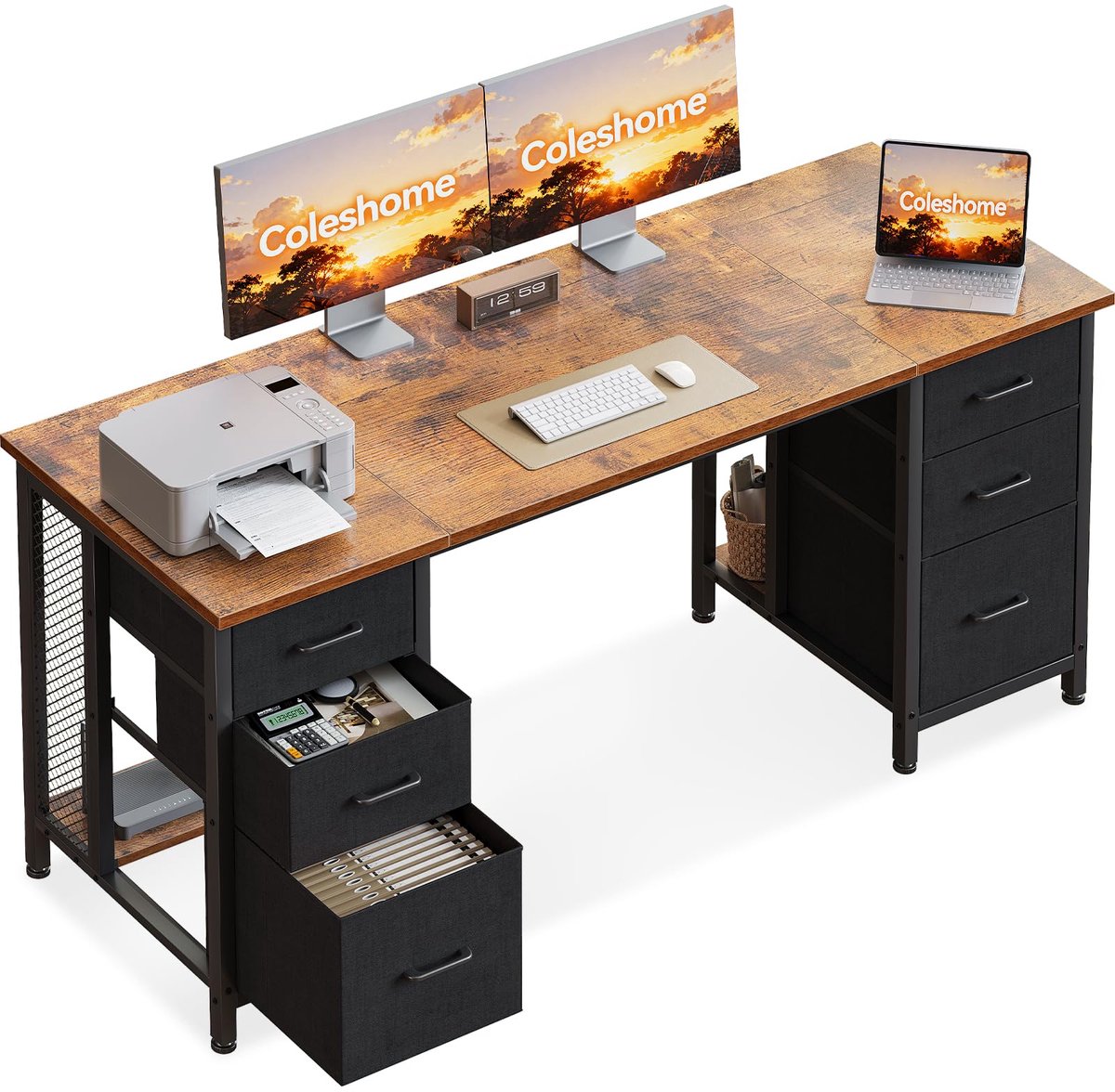 SnelShoppen - Coleshome Bureau met 6 Lades, 160x52 cm Bruin Computerbureau met Opslagruimte en Planken voor Thuiskantoor, Ideaal voor Werk en Studie