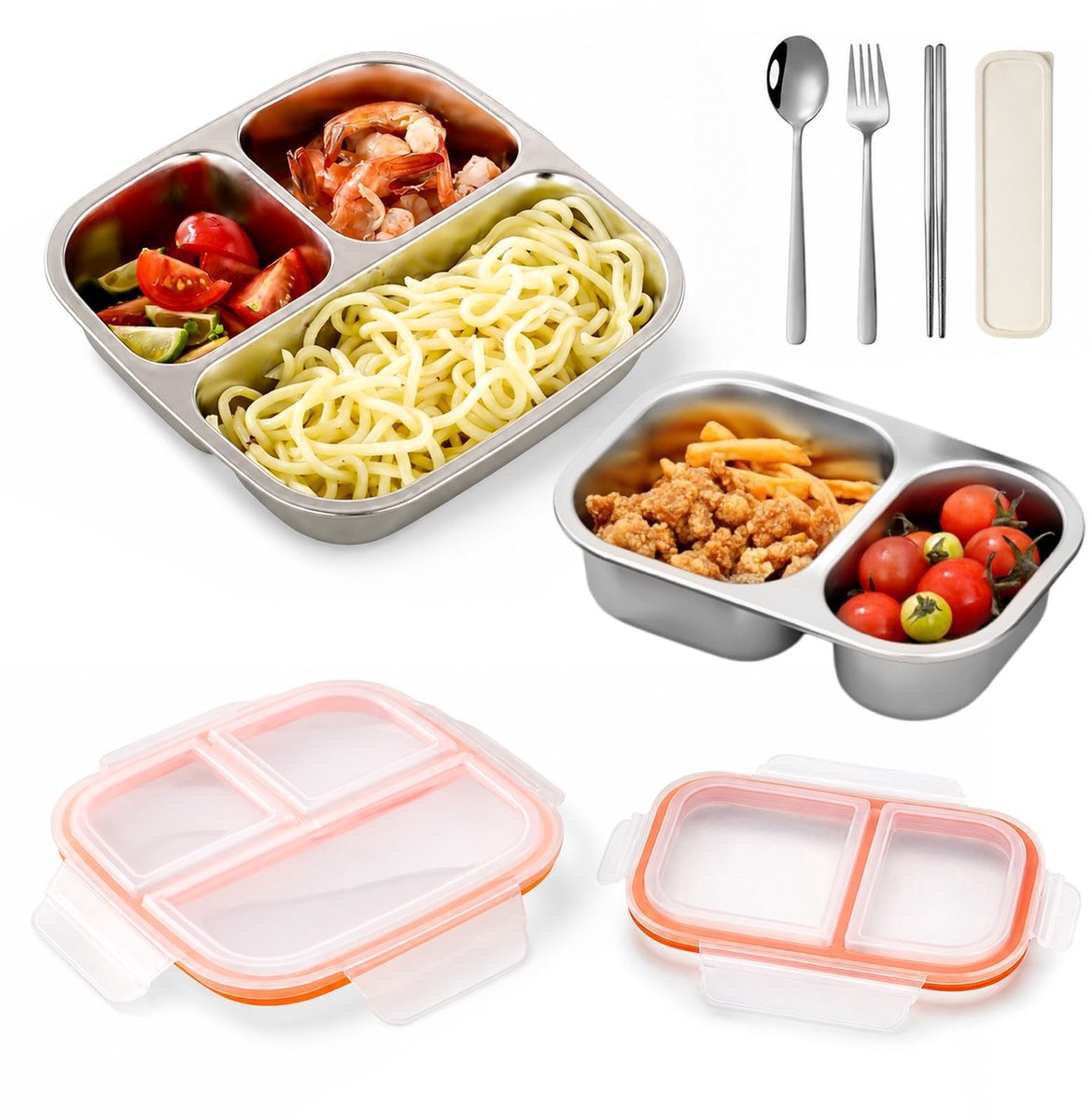 Dailygoods - 2 Stuks Snackbox met Vakken - Roestvrij Stalen Lunchboxen voor Snacks