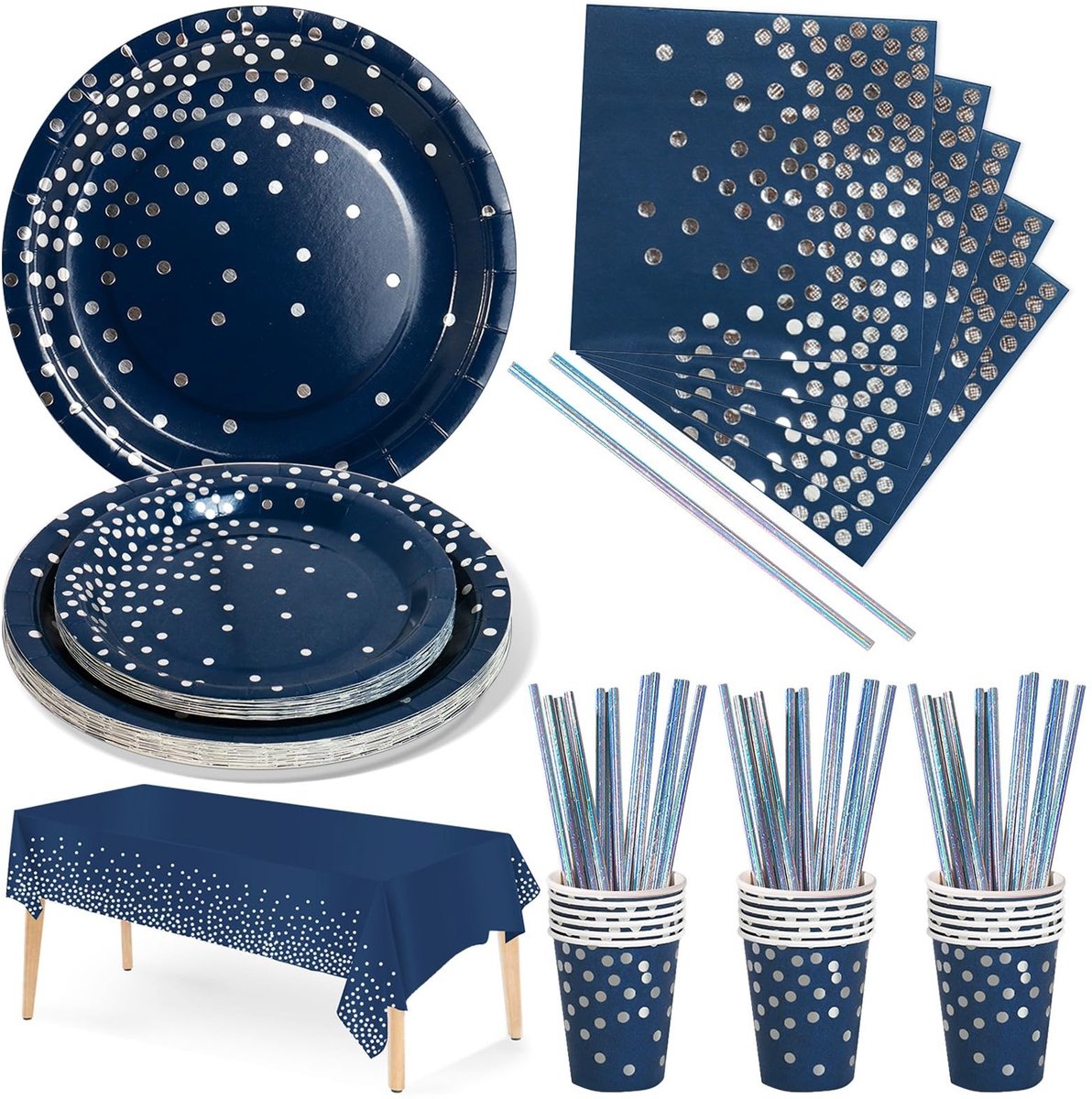 Dailygoods - 126-delige Navy Blauw en Zilver Feestservies Set voor Verjaardagen en Bruiloften