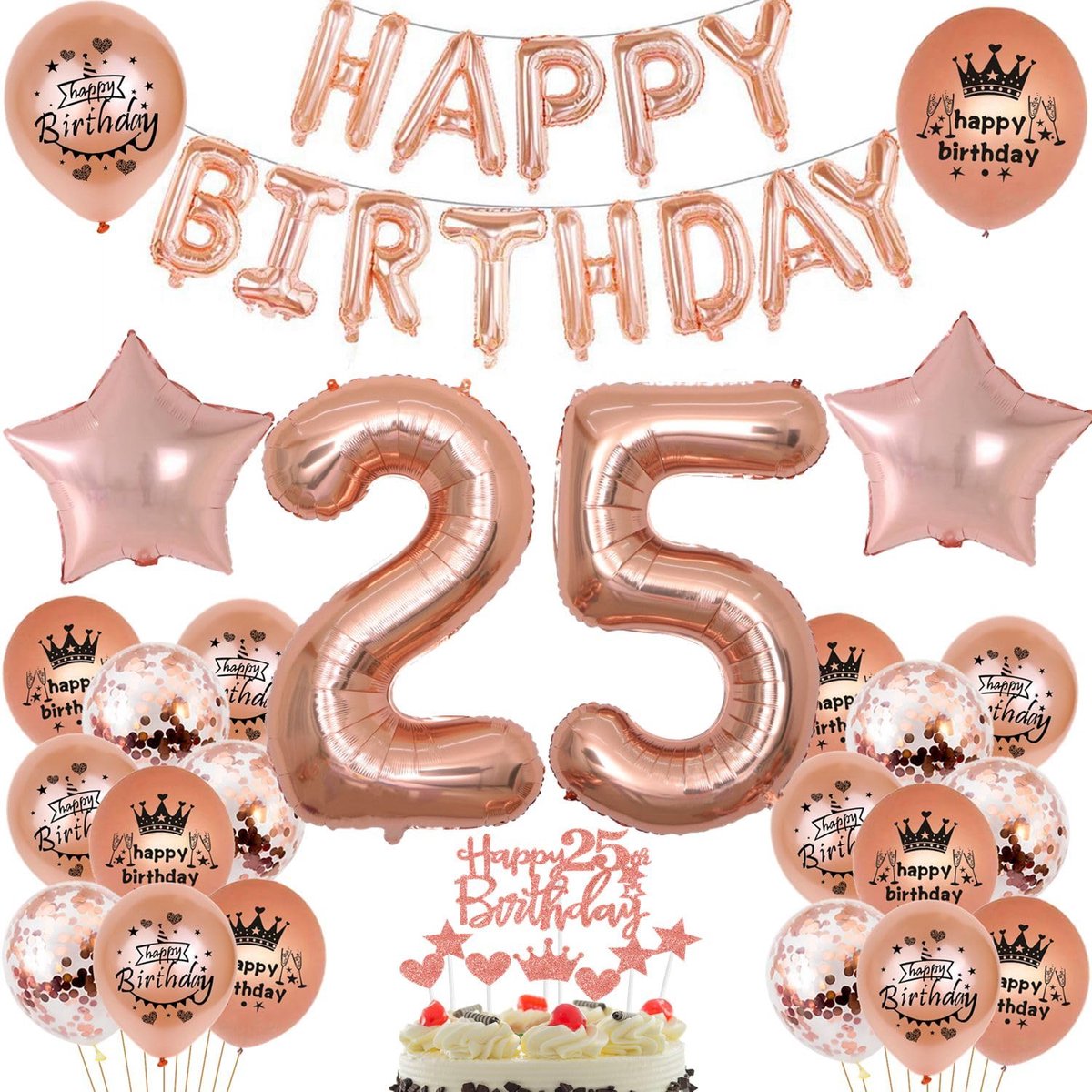 Dailygoods - Ballon 25e Verjaardag Vrouw - Roségoud Decoratie Set - Folieballon 25 Jaar - Verjaardagsversiering - Latex Ballonnen - Geschikt voor Fees...