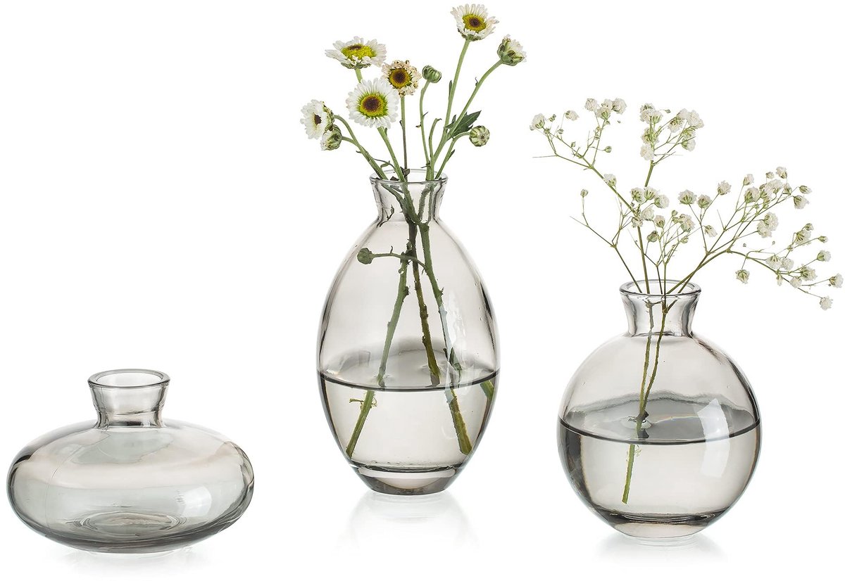 Dailygoods - Set van 3 Handgemaakte Glazen Vazen - Vintage Grijs voor Tafeldecoratie
