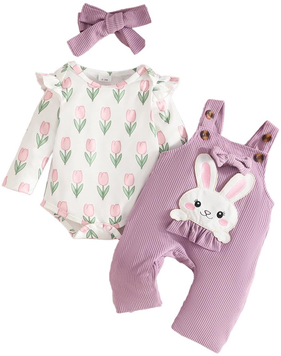 SnelShoppen - Zomerkleding voor Babymeisjes, Schattige Bloemen- en Liefdespatroon, Cartoon Beer Tuinbroek, Shorts, Hoofdband, Lange Mouwen, Paarse Haa