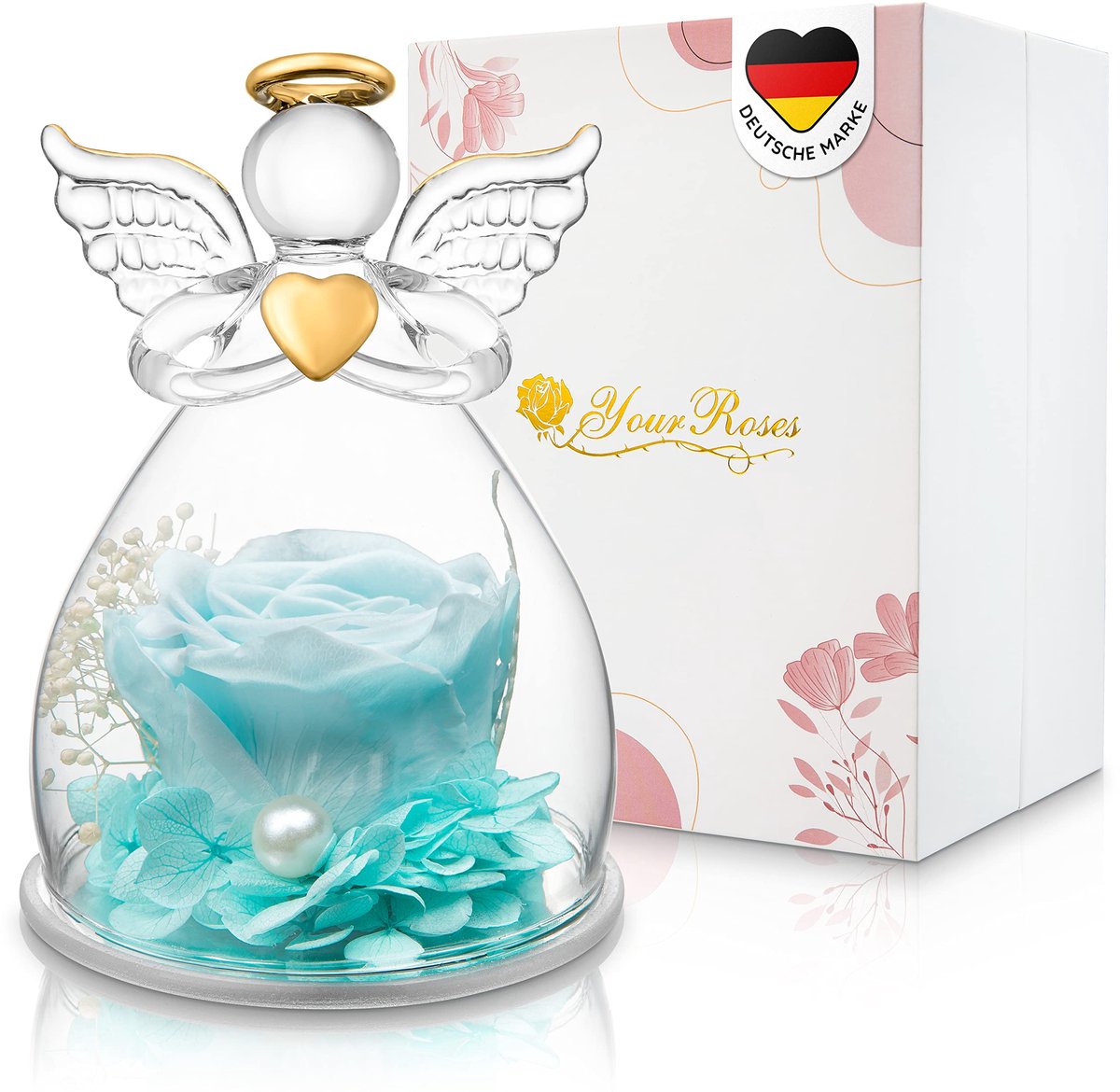 Dailygoods- Echte Roos in Engelfiguur van Glas - Premium Rozen - Geschenkdoos - Voor Dierbaren - Lichtblauw - Uniek Cadeau - Kunstroos