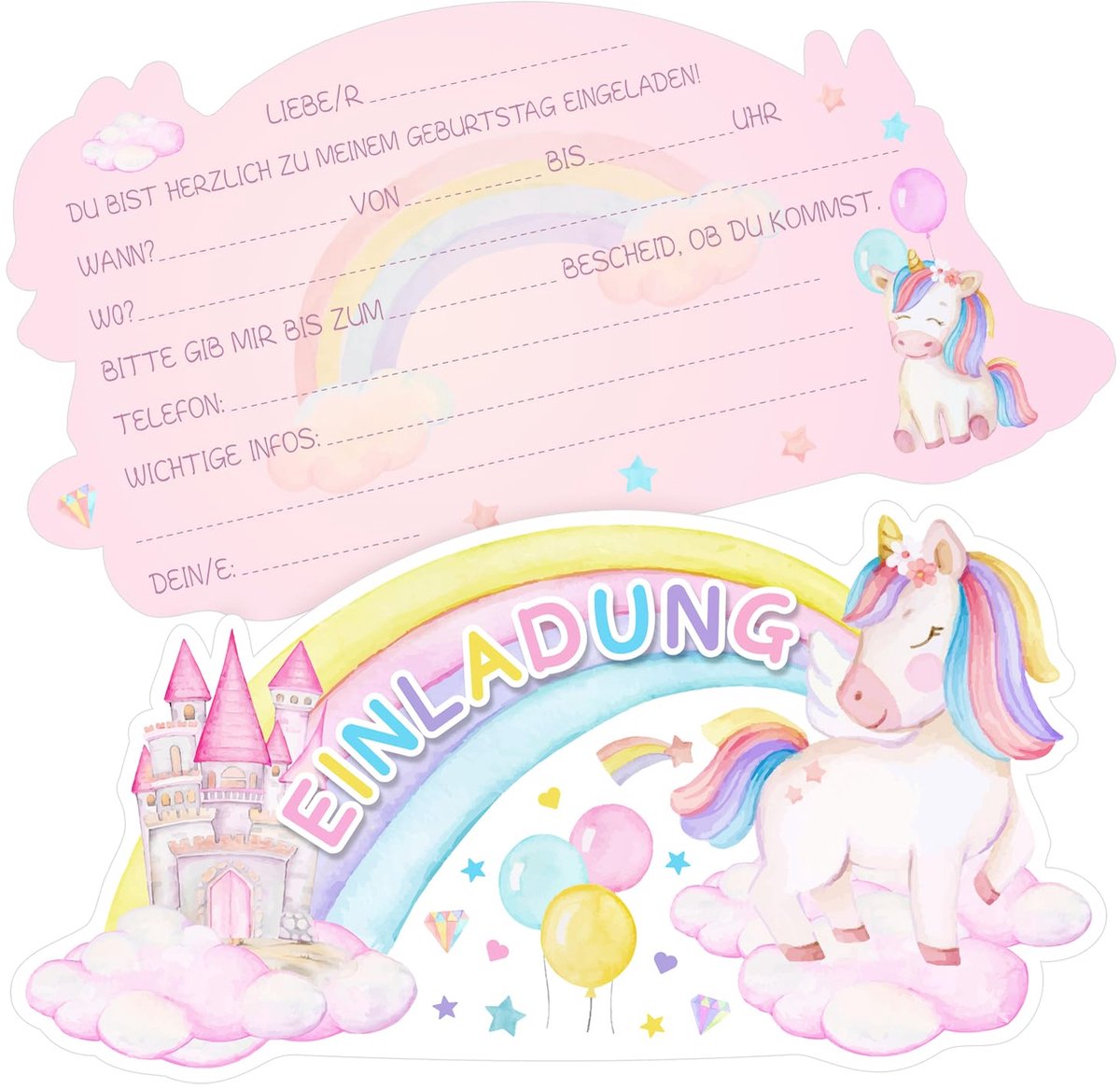 Dailygoods - 12 Eenhoorn Uitnodigingskaarten voor Kinderverjaardag - Regenboog Thema