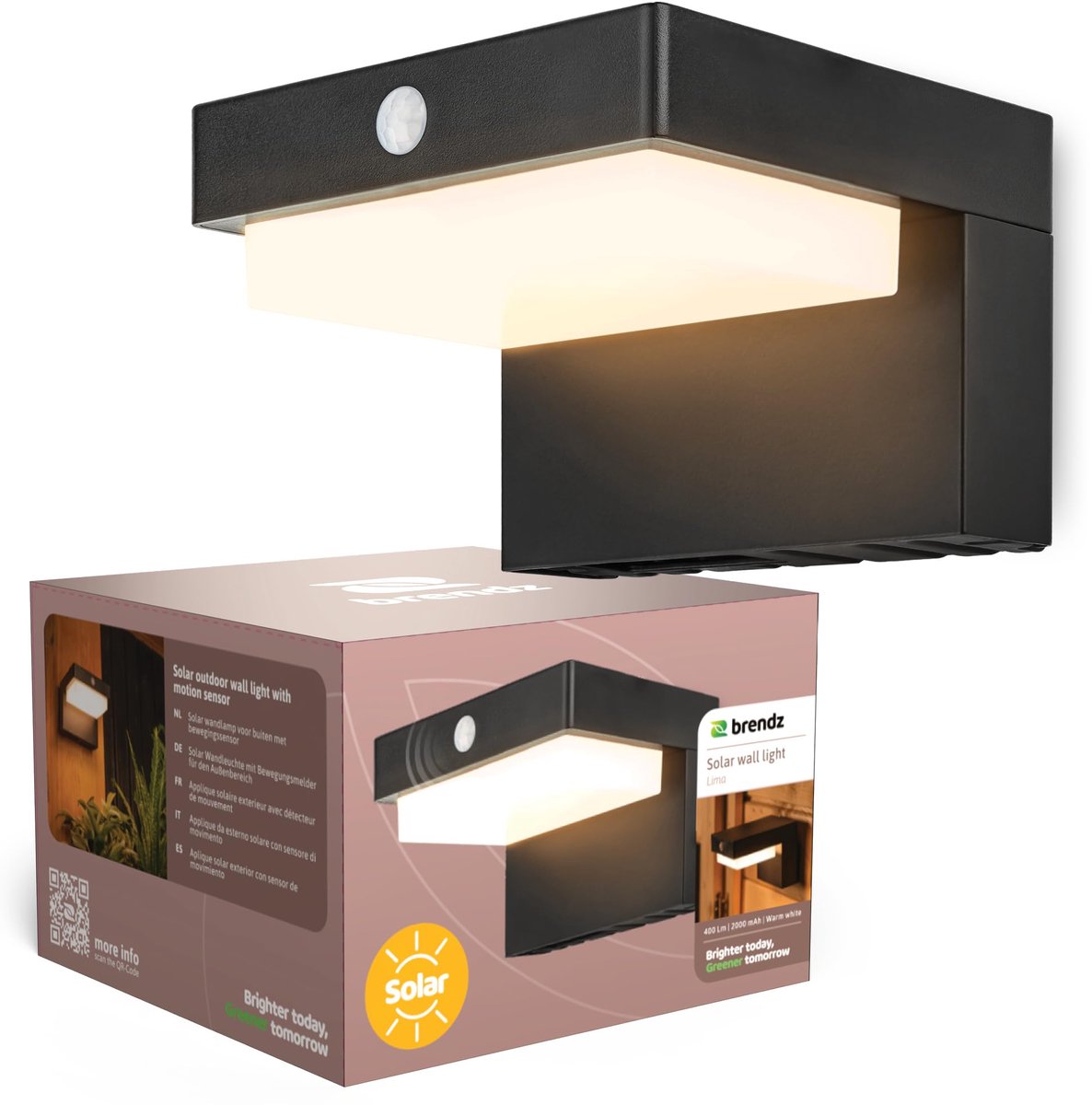 SnelShoppen - Solar Buitenlamp met Bewegingssensor 400 Lumen, IP44 Waterbestendig, 2 Lichtmodi, 3000K Warm Wit Licht, LED Wandlamp Buiten, USB-C Oplaa