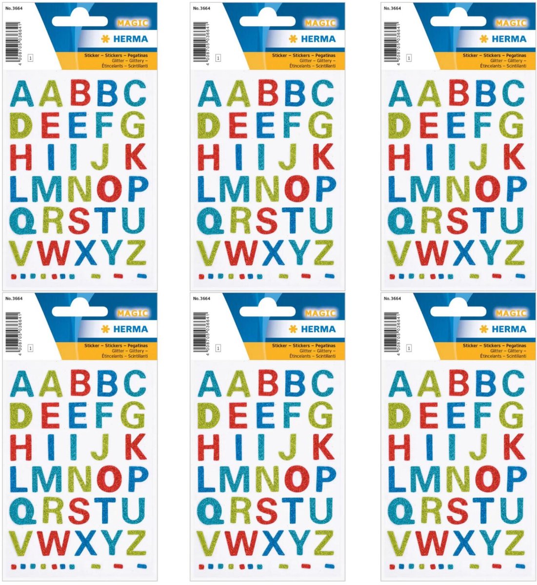 Herma Alfabet plak letters A-Z Stickers - 6x vellen - gekleurd glitter - 15 mm - watervast