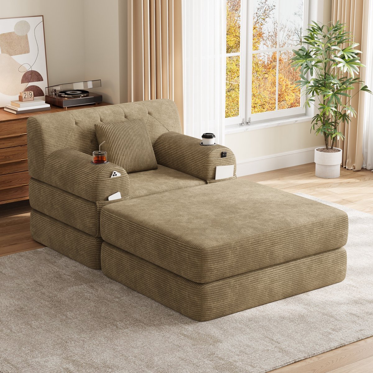 REDOM - Bank - Slaapbank met hoge rugleuning - Metalen frame en hoogdicht schuim - 2 bekerhouders en 4 opbergvakken - Cord - Woonkamer - Khaki - 107 x 162 x 81 cm