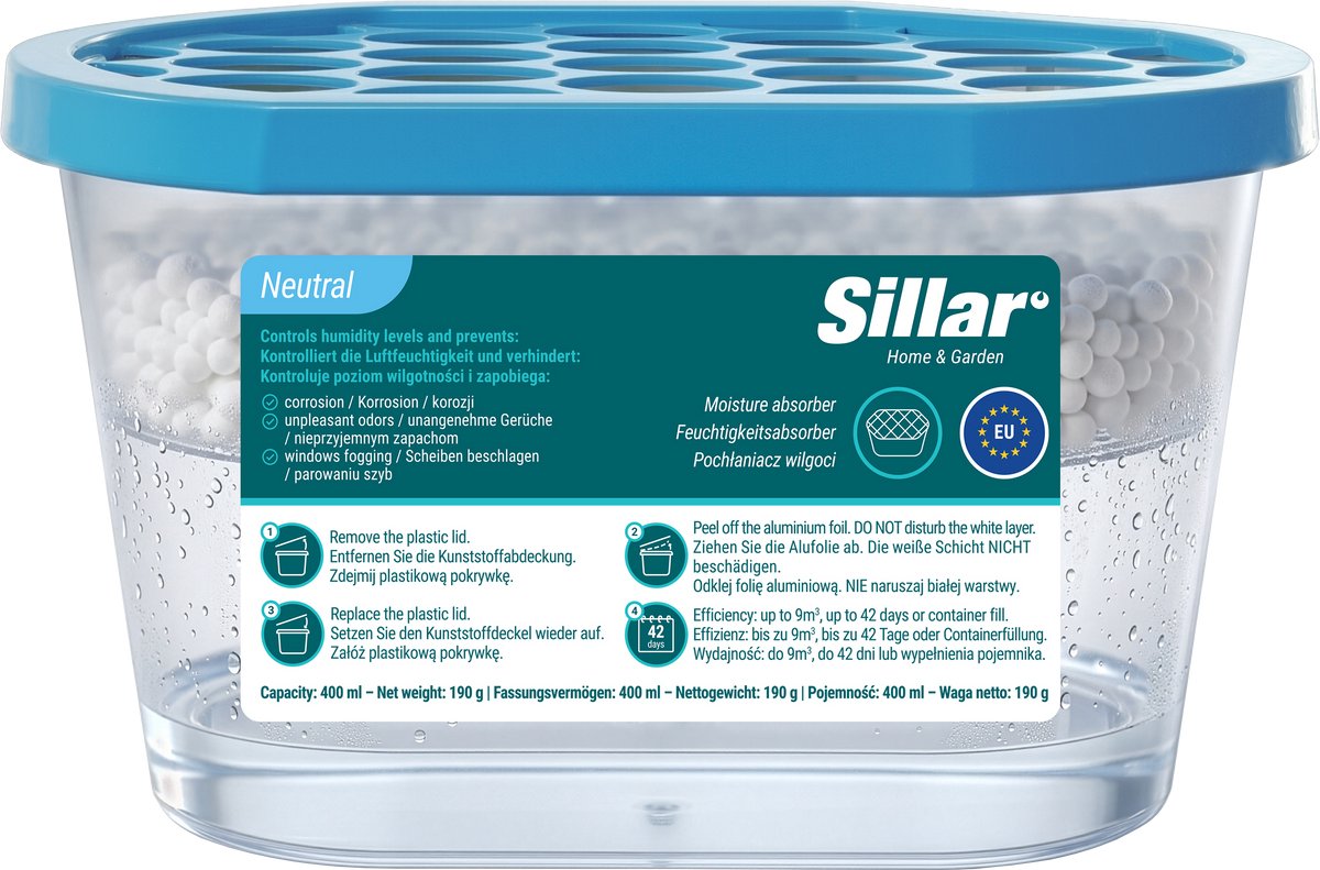 Sillar Vochtabsorber 400ml - luchtontvochtiger - vochtopnemer voor kasten, kleerkasten, ke