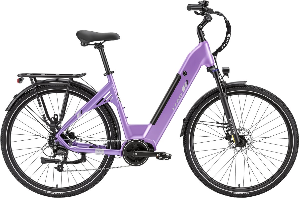 Elektrische Stadsfiets TTGO C7 SE - 28 INCH Banden - 250W Bafang Middenmotor - 36V18Ah Accu - Bereik tot 140km - Shimano 9 Versnellingen - Paars thumbnail 2