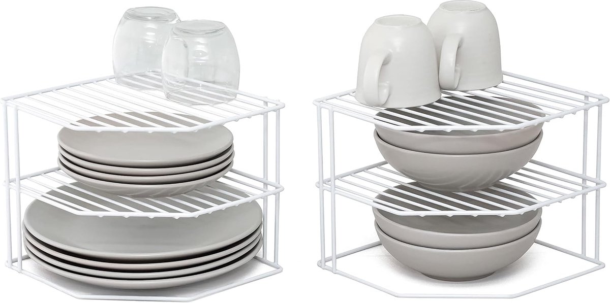 SnelShoppen - Bordenrek met 3 Niveaus - Set Van 2 Keukenkastjesorganizers - Wit Kunststof Gecoat Staal - Ideaal voor Keuken, Eten, Servies, Opbergruim