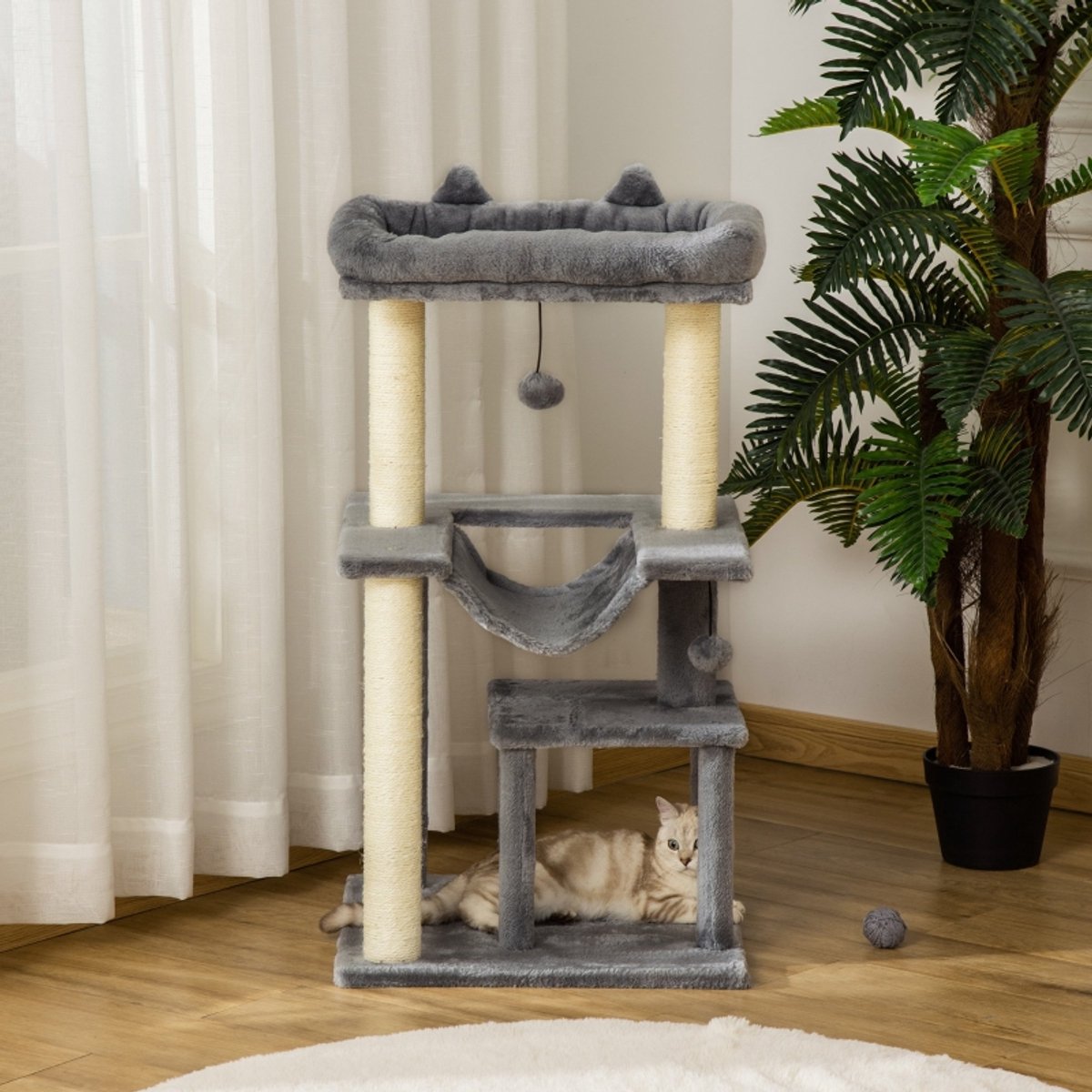 MIVRAY Krabpaal – 90 cm Met Hangmat En Huisje – Pluche En Sisal – Grijs – Speel, Krab En Rust Voor Binnenkatten Met Speelbal