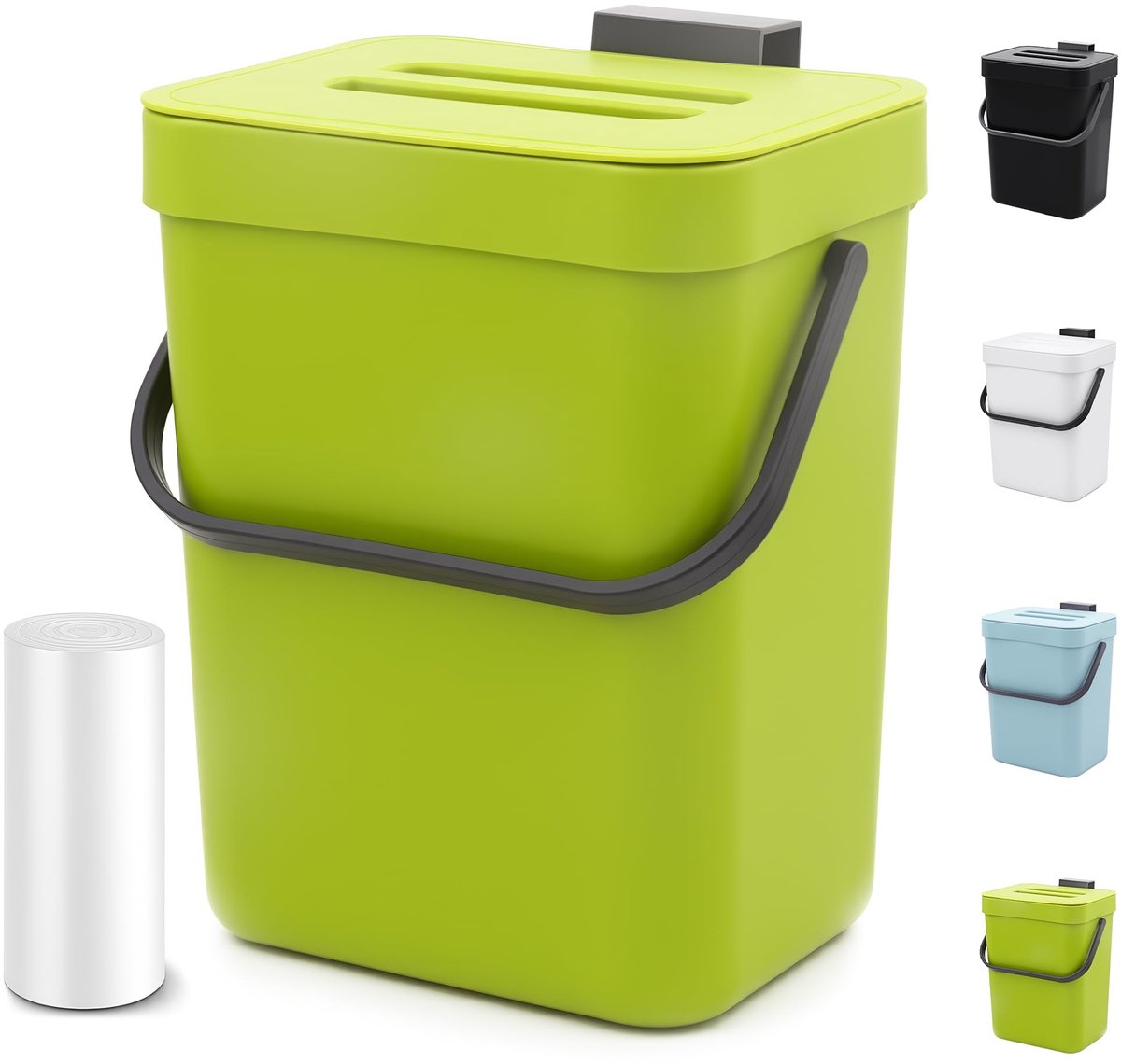 SnelShoppen - Compostbak voor aanrecht in de keuken, 1,3 gallons hangende prullenbak met deksel, wandmontage compostemmer, 5L (Lime Green) - Perfect v