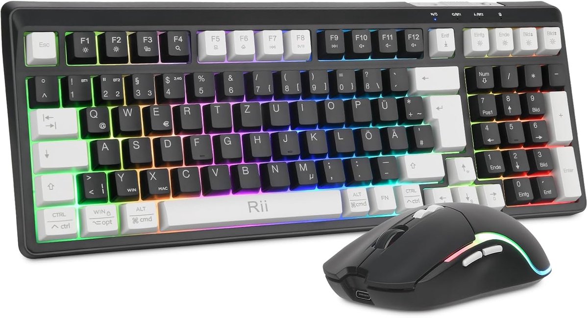 SnelShoppen - Draadloos Gaming Toetsenbord en Muis Set - Bluetooth + 2,4 GHz Verbinding - LED Achtergrondverlichting - Oplaadbaar QWERTZ - Voor PC en