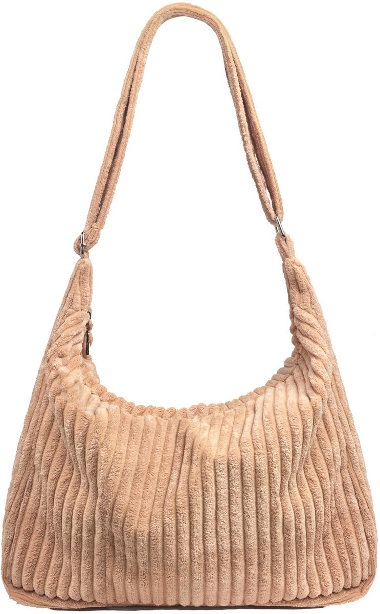 SnelShoppen - Dames Slouchy Corduroy Hobo Tas met Verstelbare Riem, Casual Schoudertas, Crossbody Tas, Handtas in Kaki, Eén Maat voor Dagelijks Gebrui