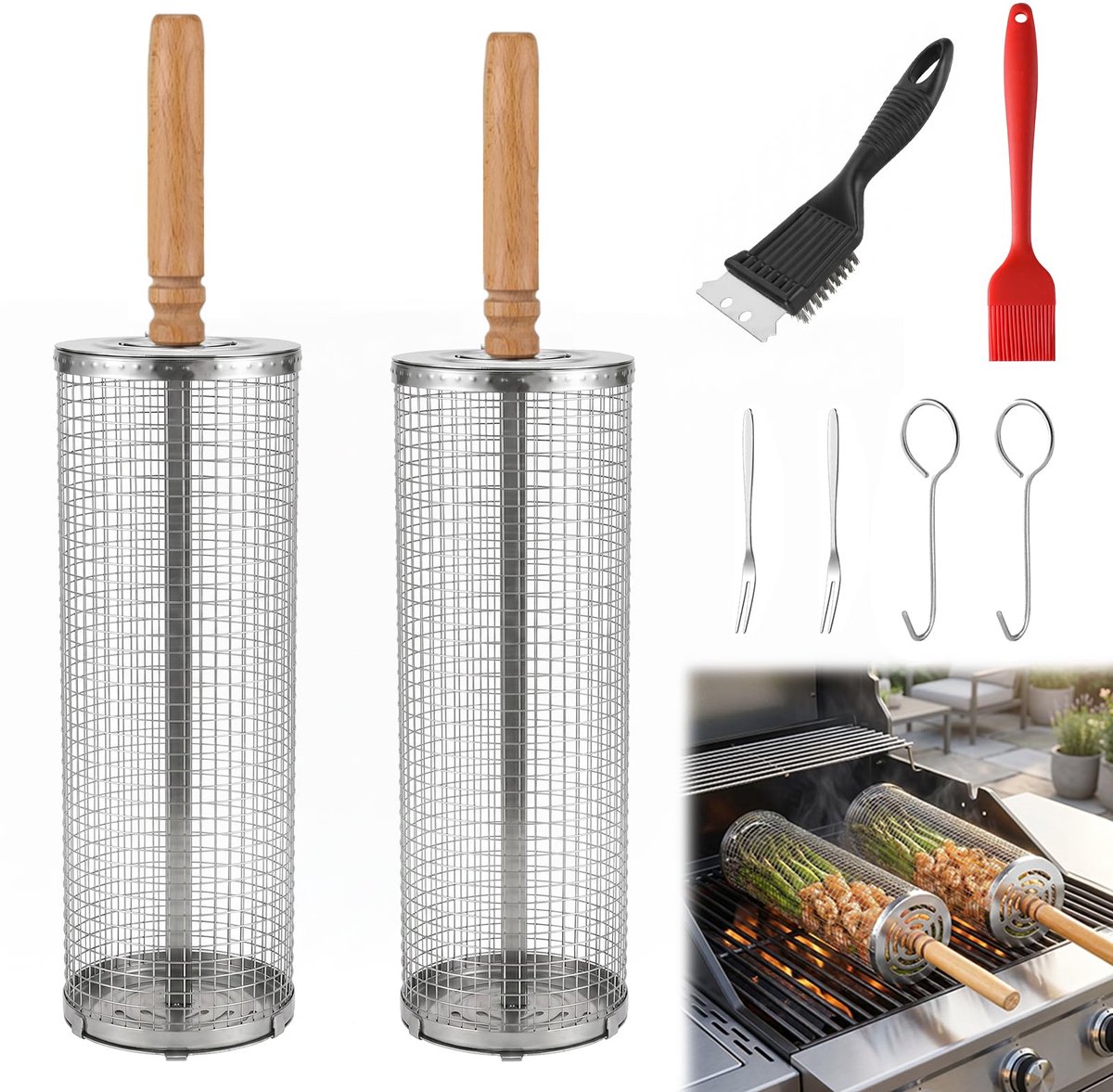SnelShoppen - Kogelgrillmand 2 stuks - Roestvrijstalen Grillaccessoires met Afneembare Handgreep en Reinigingsborstel - Stapelbare Grillmand voor Groe